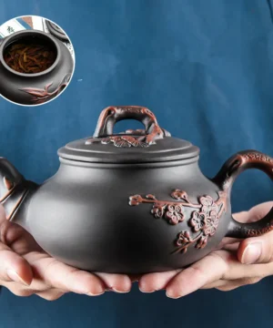 Théière et tasse à thé en argile violette fleur de prunier